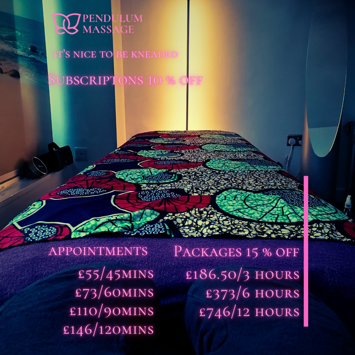 New prices displayed over an image of Pendulum Massage's treatment room.g in a chair.